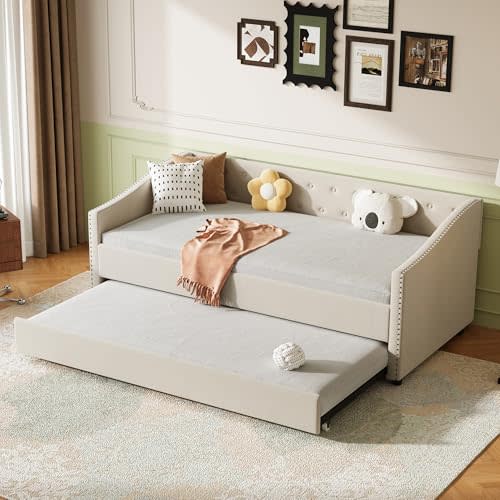 FAVSH Twin Size Upholstered Daybed with Trundle,Tufted Day Bed w/Button on Back and Piping on Waved Shape Arms for Bedroom Guest Room, No Box Spring Needed,Beige