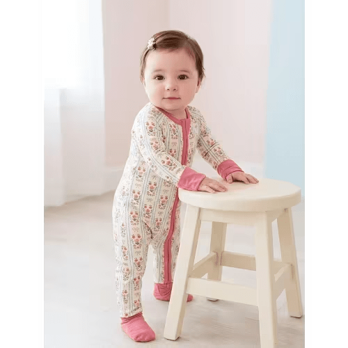 baby bamboo fiber romper zip-up convertible footie suit - 2-way zipper long sleeve outfit, breathable cozy footed jumpsuit with pink flower print, machine washable for &, - wear (no ), outdoor | Check Out Today's Deals Now | Temu