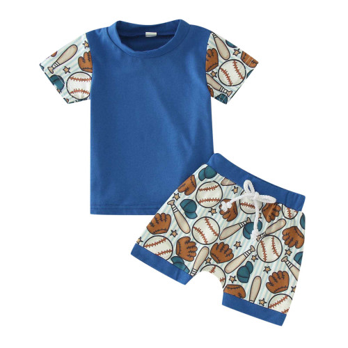 Short Sleeve Baseball Print T Shirt and Shorts Outfit, size 100
