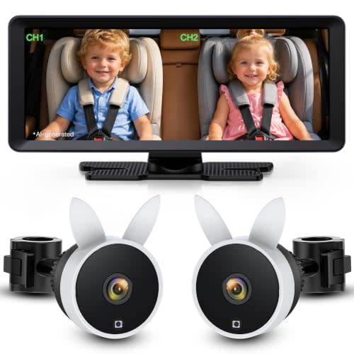 Babyvue BV3 MAX Dual Baby Car Camera Monitor, 7.2 Split Screen for 2 Kids | 1080P Auto IR Night Vision, Rear Facing Car Seat View, Adjustable Brightness, Recording & Playback Support (White)