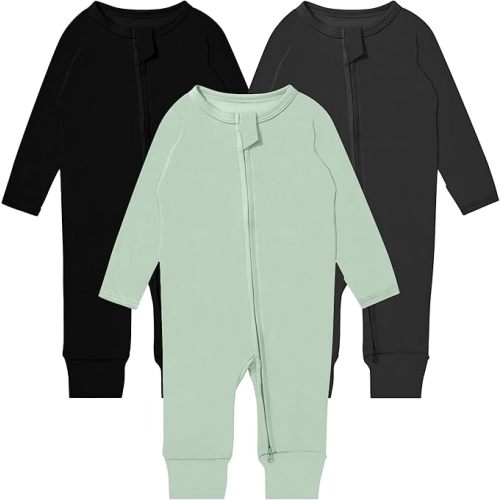GUISBY Long Sleeve Cotton Pajamas Footless Baby Bodysuits with Zipper and Mittens 3-Pack for Boys Girls