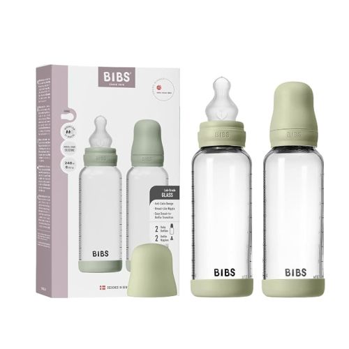 BIBS Glass Baby Bottles 2-Pack, 8.1 Oz. Anti-Colic System for Gas Reduction. Vented Round Silicone Nipple. Supports Infant and Newborn Breastfeeding - 240 ml (Pack of 2), Sage