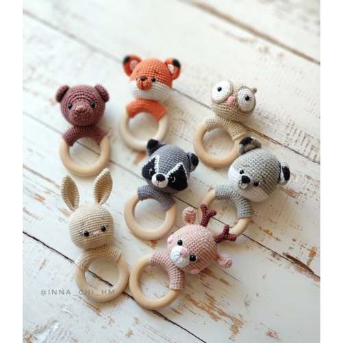 Cotton baby rattle, Organic rattle, Woodland baby shower gift, Fox Racoon Owl Deer Wolf Bear, Baby gift toy for forest themed baby shower