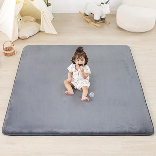 1.3" Thick Baby Floor Play Mat 50x50, Basic Padded Foam Mat for Tummy Time Crawling, Non Slip Cushioned for Babies Toddlers Infants Kids (Dark Grey)
