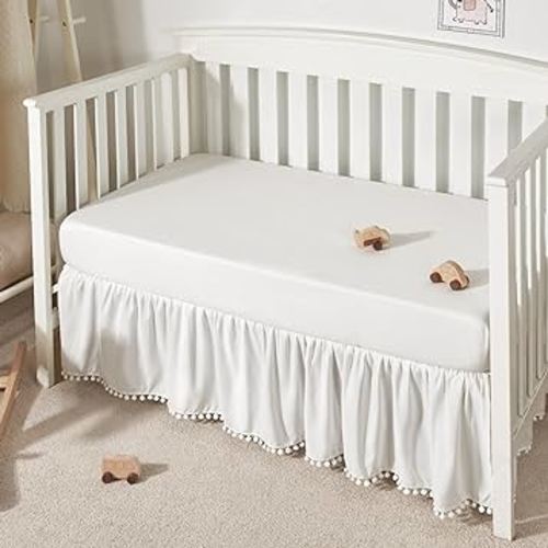 TILLYOU Baby Crib Skirt Girls Boys, Ruffled Bed Skirt with Pompoms, 28”x 52”, 14'' Drop, White