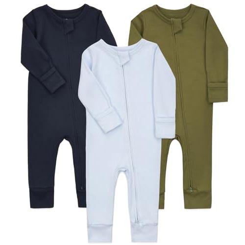 Aablexema Baby Cotton Footless Pajamas with Mitten, 3-pack Infant Romper Zip Up One Piece Jumpsuits Outfit