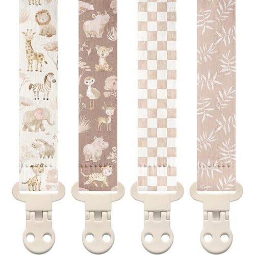 Stadela Baby Fabric Pacifier Clip Holder, Plastic Clip, 4‑Pack, Safari Pattern, Savanna Set