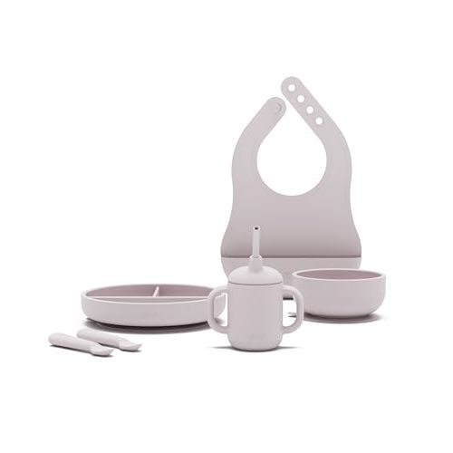 Lalo First Bites Silicone Baby Feeding Set - Baby Led Weaning Supplies - Non-Toxic Silicone - Includes 1 Bib, 2 Spoons, Training Cup, Suction Plate and Bowl - 6 Pieces - Lavender