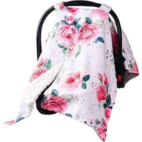 Baby Car Seat Cover,Carseat Covers Baby Girl, Multi-Use Minky Infant Canopy for Babies,Minky Infant Car Seat Cover Winter,Ultra-Soft Nursing & Stroller Cover,Pink Rose