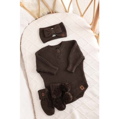 Chunky Knit Romper Set with Bow & Booties in Espresso