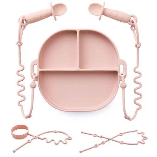 Andy Bear Silicone Plates for Babies with Suction Divided Baby Spoons Silicone Baby Toy Straps All-in-one Plates Silicone Placemat for Babies Toddlers Attachable Tethers & Built-in Suction Cups-Blush