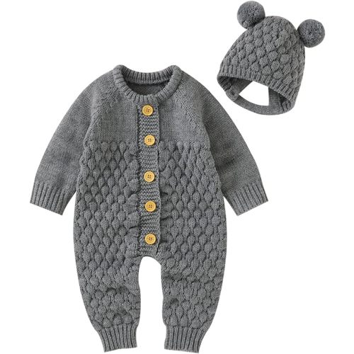Newborn Baby Boy Girl Winter Clothes Knitted Sweater Romper Crewneck Solid Color Jumpsuit Hat Infant Fall Outfit
