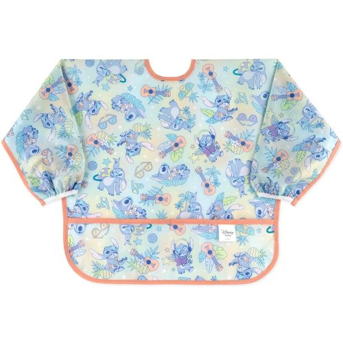 Bumkins Disney Sleeved Bib for Girl or Boy, Baby and Toddler for 6-24 Mos, Essential Must Have for Eating, Feeding, Baby Led Weaning Supplies, Long Sleeve Mess Saving Food Catcher, Aloha Stitch