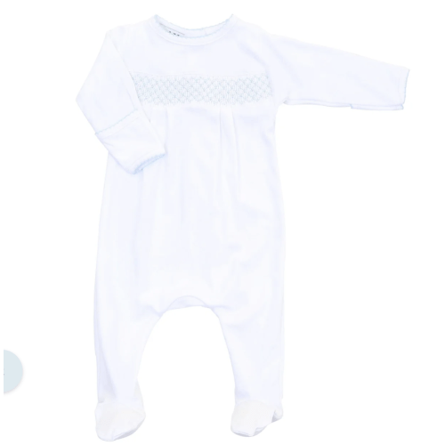 Magnolia Baby Boy Essentials Smocked White Footie with Blue Trim