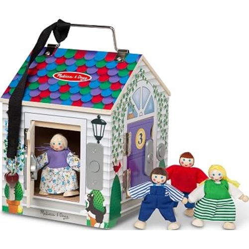 Melissa & Doug Take-Along Wooden Dollhouse- Doorbell Sounds, Keys, 4 Poseable Wooden Dolls