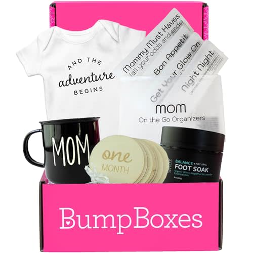 Bump Boxes 3rd Trimester & Postpartum Gift Set for New Moms with Milestone Disc, Baby Onesie, Travel Bags, Ceramic Mug, Organic Foot Soak, Gift for Mother to Be