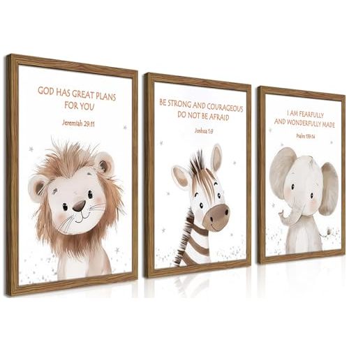 Dytila Framed 3 Piece Christian Nursery Wall Decor, Jungle Themed Nursery Decor, Safari Baby Boy Room Wall Art, Animal Pictures Canvas Prints, Elephant Lions Zebra Paintings Kids Artwork 12x16 inch
