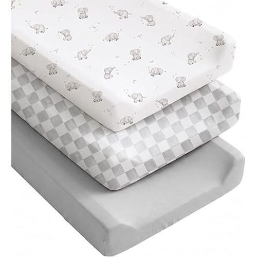 Konssy Silky Soft Changing Pad Cover 3 Pack, Ultra-Stretchy Diaper Changing Table Sheets, Breathable Snug Fit for Standard 32" x 16" Contoured Pads, Boho Neutral Sheets (Grey Elephant)