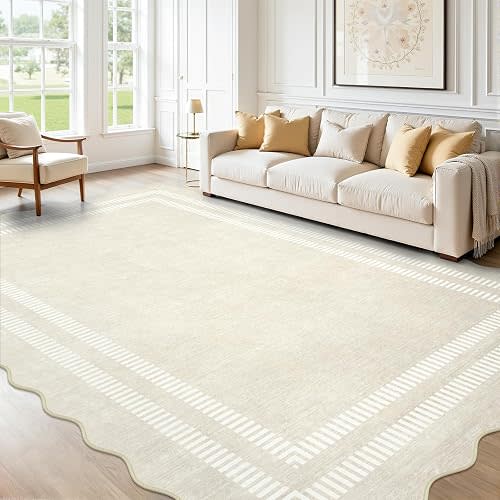 Washable 6x9 Area Rugs for Living Room, Solid Ivory Ultra-Thin Bedroom Rug Non-Slip Dining Room Rugs, Soft Scalloped Carpet for Nursery Kids Room Office