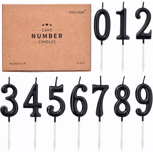 PHD CAKE 10-Pieces Black Numeral Birthday Candles, Cake Numeral Candles Number 0-9 Glitter Cake Topper Decoration for Birthday,Wedding Anniversary,Party Celebration