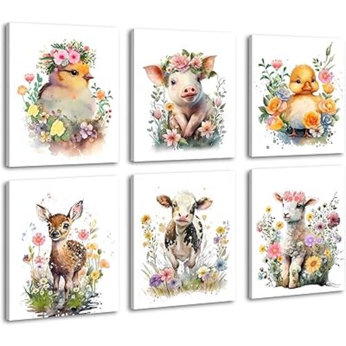 Framed Baby Watercolor Farm Animals Nursery Wall Art Prints,Cute Baby Animal Nursery Farm Wall Art,Farmhouse Animals Themed Poster for Farmhouse Room Decor,Set of 6(8"X10")