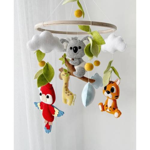Felted Safari Nursery Mobile, Felt Animal Tiger, Deer, Bird, Koala, Baby mobile, Baby Shower, Baby Nursery, Baby Room Decor, Babyshower