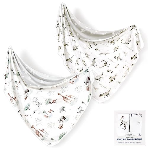 GRSSDER Baby Blankets Super Soft Stretchy Jersey Swaddle Blanket 2 Pack for Girls and Boys, Double Layer Reversible Receiving Blankets 34 x 44, Extra Large for Swaddling, Dinosaurs