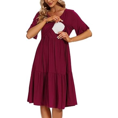 Smallshow Women's Maternity Nursing Dress Ruffle Short Sleeve Breastfeeding Clothes