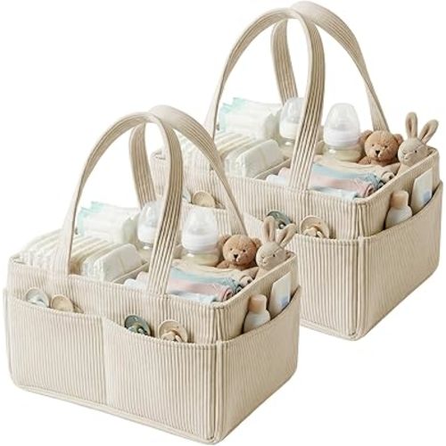 2Pcs Baby Nappy Caddy Organiser Portable Corduroy Diaper Caddy Storage Basket with Handle for Newborn Essentials, Baby Shower and Diaper Station Sand (Beige, 2Pack)