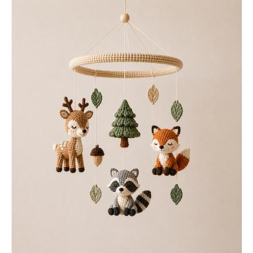 Woodland Baby Mobile, Crochet Forest Nursery Mobile, Deer Fox Raccoon Crib Mobile, Woodland Nursery Decor, Baby Shower Gift