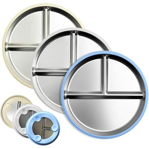 Stainless Steel Kids Plates, Plates with Suction, Stainless Steel Plate Suction, Divided Control Plate with Removable Silicone Shell, Feeding Food Tray (Beige&Grey&Blue)