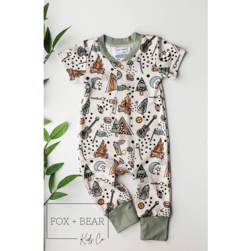 Happy Camper Romper, Camping Themed Outfit, Boys Romper, Baby Boy Outfit, Rib Knit Outfits, Boys Summer Outfit,