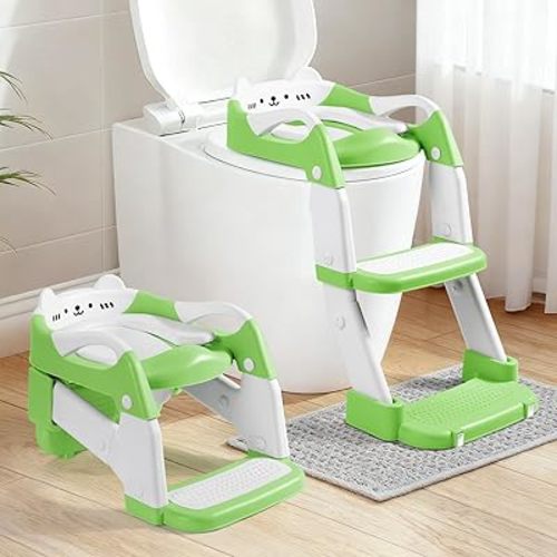 Orzbow Potty Training Seat, Toddler Toilet Seat with Step Stool Ladder, 2-in-1 Toddler Potty Training Toilet Chair for Kids Boys Girls - 5-Level Adjustable Height | Splash Guard | Anti Slip Pad, Green