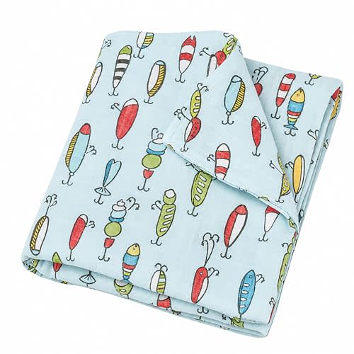 Mud Pie Fishing Lure Muslin Swaddle Blanket, Cotton Baby Receiving Blanket in Kraft Gift Box