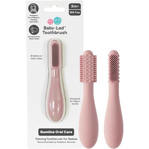 ezpz Baby-Led Toothbrush (Blush) - 3 Months + - 100% Silicone Infant Toothbrush with Sensory Bumps - Cleans Gums + New Teeth - Improves Hand-to-Mouth Coordination, Self-Feeding Skills