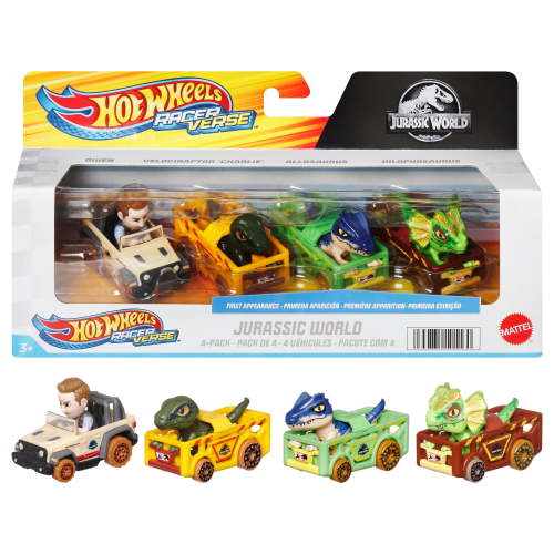 Hot Wheels RacerVerse, Set of 4 Car & Truck Play Vehicles with Jurassic World Characters as Drivers