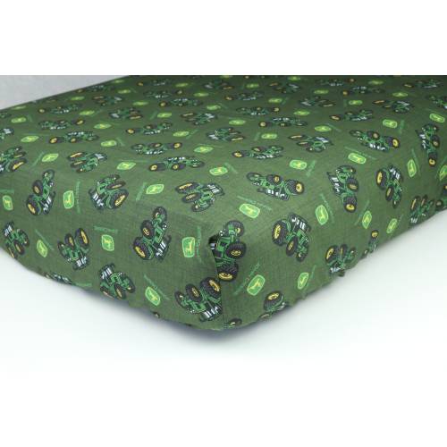 Tractor Crib Sheet Displaying John Deere Tractors and Logos, Green Tractor and Logo Toss