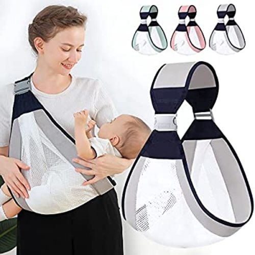 Baby Sling Carrier, Adjustable Baby Holder Carrier, Baby Half Wrapped Sling Hip Carrier, One Shoulder Labor-Saving, Natural Cotton with Breathable Mesh Fabric for Newborn to Toddler Up to 45lbs (Grey)