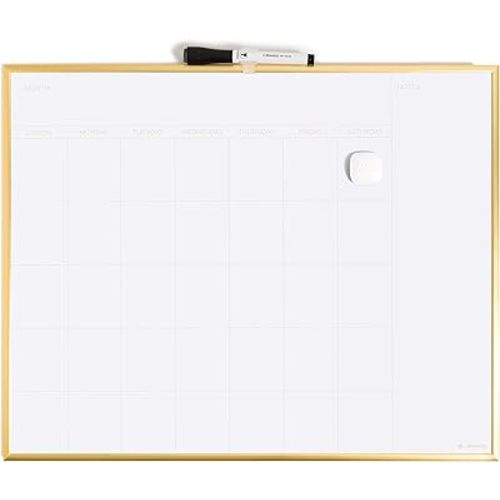 U Brands Magnetic Dry Erase Calendar Whiteboard for Wall, 20"x16", Dry Erase Board Calendar with Gold Aluminum Frame, Includes a Magnet and a Marker