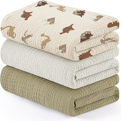 Susurration Muslin Swaddle Blankets 3Pack 100% Cotton Baby Receiving Blankets 40x38inch Soft Breathable Baby Blanket for Unisex Newborn Baby Boys Girls (Dinosaurs)