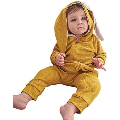 Simplee kids Animal Bunny Baby Easter Romper Long Ear Rabbit Hoodie Romper Jumpsuit with Zipper
