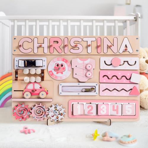 Toddler Busy Board Personalized, Montessori Toys, Wooden Busy Board, Wooden Toys for Kids, 2nd Birthday Girl, First Birthday Gift Girl