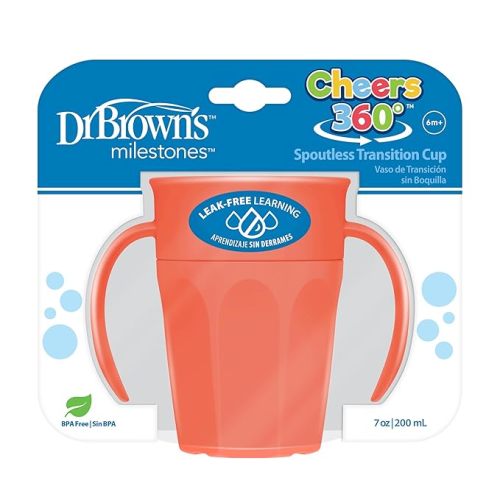 Dr. Brown's Milestones Cheers 360 Spoutless Transition Cup with Handles, Travel Friendly and Leak Free Sippy for Babies and Toddlers, Coral, BPA-Free, 7 oz/200 mL, 6m+