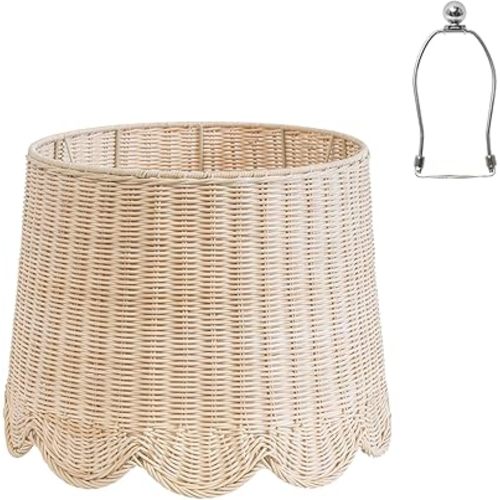 13" Top X 16" Bottom X 11.2" High X 12" Slant, Large Scalloped Lamp Shade, Tropical Lampshade,Rattan Lamp Shade, Wicker Seagrass Lamp Shades for Table Lamp (Large-13" Top X 16" Bottom X 11.2" High)