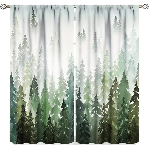 Nature Forest Curtains, Misty Forest Nature Curtains Green Watercolor Woodland Pine Tree Mountain Window Drapes for Living Room Bedroom 42" x 45" Decor