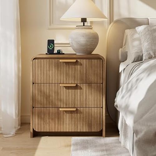 24" 3 Drawers Fluted Nightstand, Light Walnut