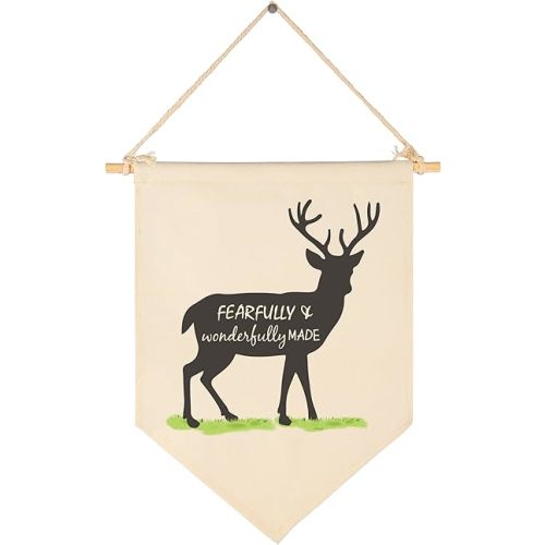 Fearfully and Wonderfully Made,Deer-Canvas Hanging Pennant Flag Wall Sign Decor Gift for Baby Kids Girl Boy Nursery,Kids Room Playroom Decor