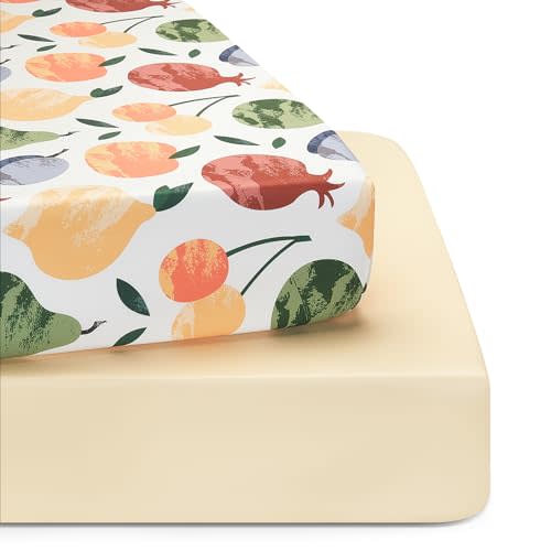 TILLYOU Baby Crib Sheets for Boys Girls, Super Soft Toddler Bed Sheets, 2 Pack Sheets for Standard Crib Mattress 28x52in, Fruit Shadow
