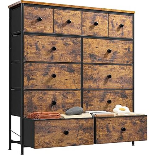 Dresser for Bedroom Drawer Organizer Storage Drawers, Fabric Dressers & Chests of Drawers, Sturdy Metal Frame, Wood Top, Entryway, Bedroom Furniture (Rustic Brown)