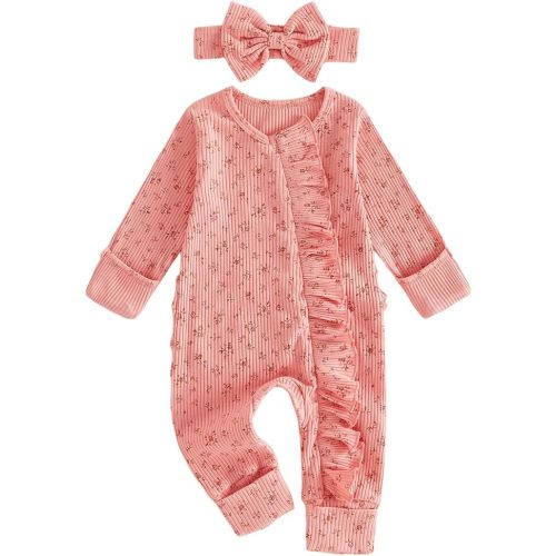 Socutebabe Newborn Baby Girl Fall Winter Clothes Coming Home Outfit Ruffle Romper Cute Ribbed Knit Jumpsuit Headband